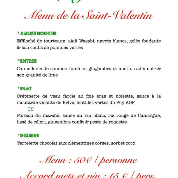 Menu Saint-Valentin - Le Jardin